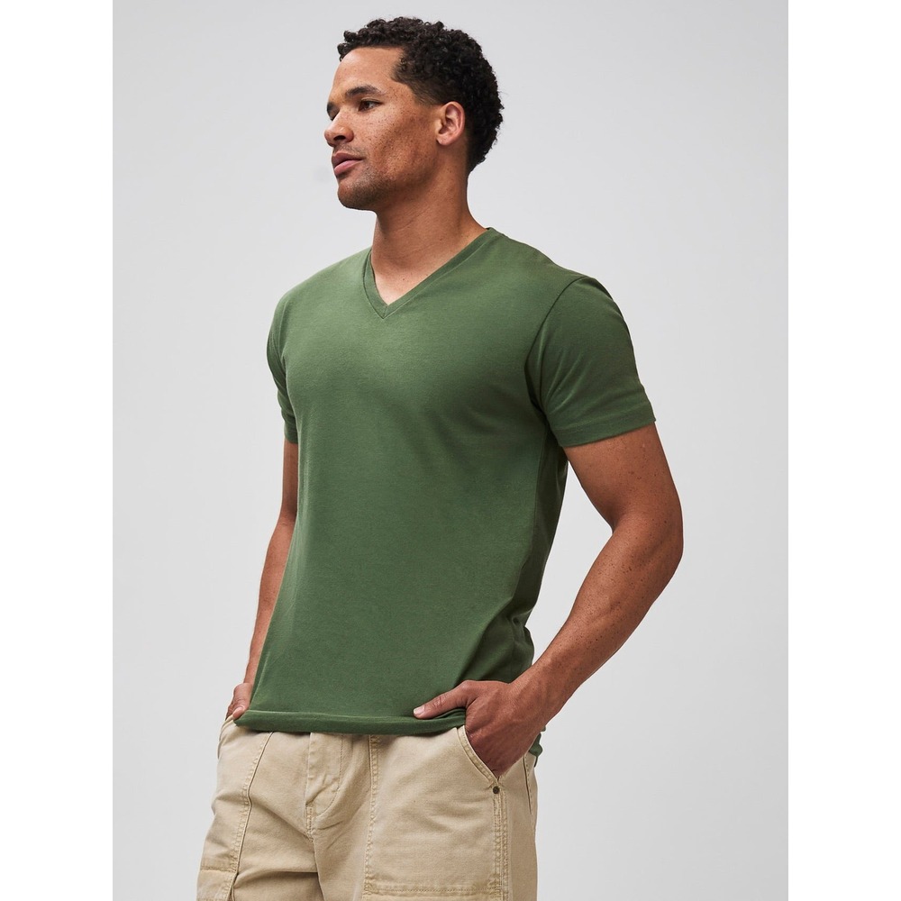 Fresh Clean Treand Mens V-Neck T-Shirt Olive Green Short Sleeve Cotton Blend